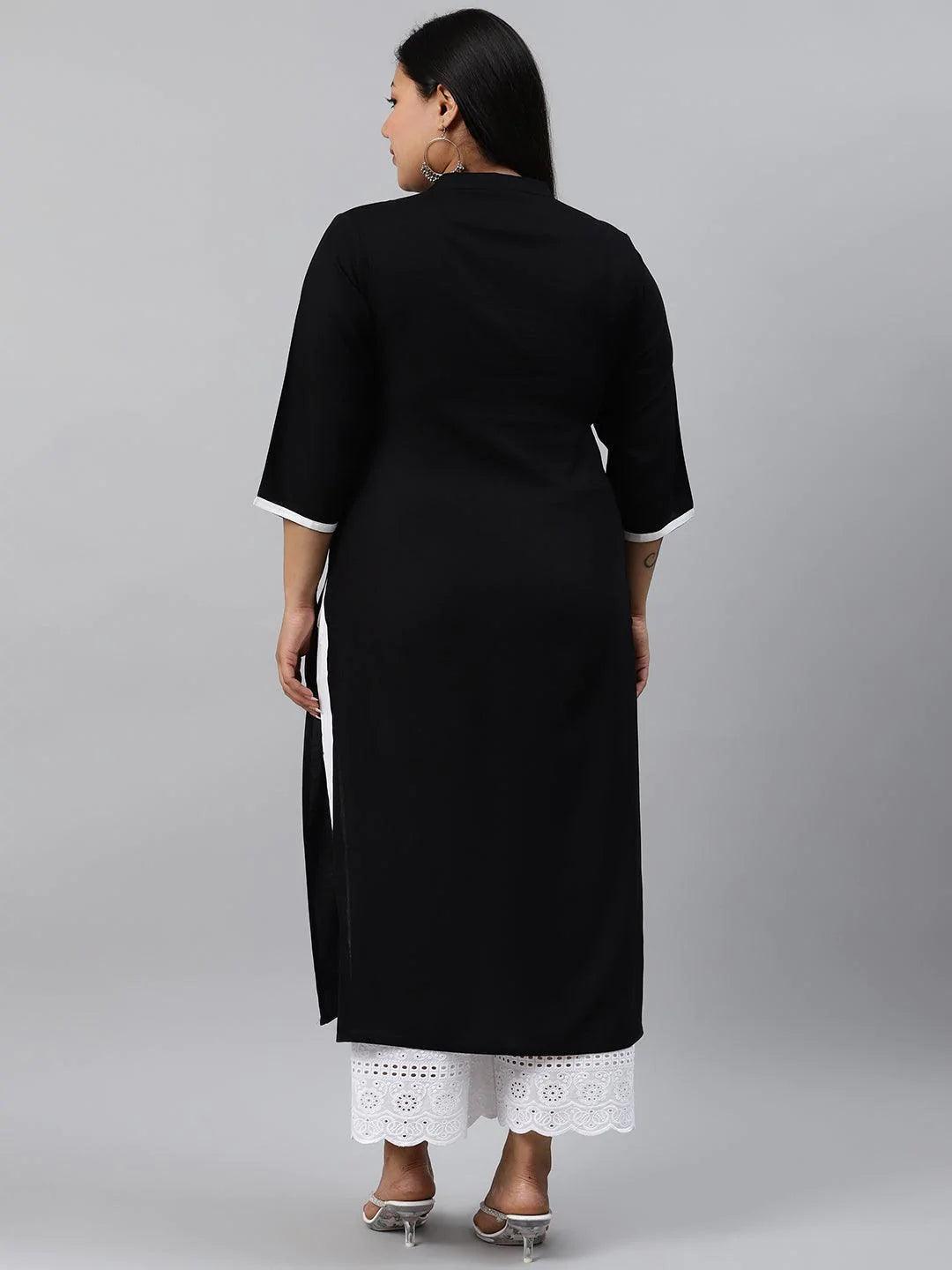 Plus Size Black Embroidered Rayon Kurta