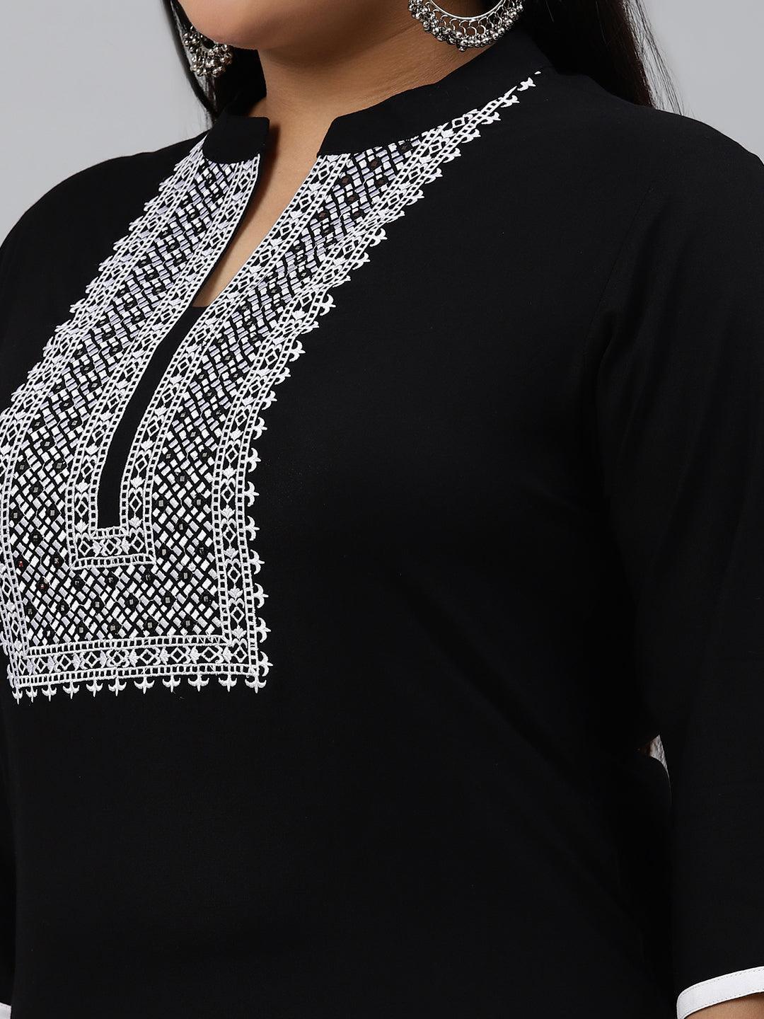 Plus Size Black Embroidered Rayon Kurta