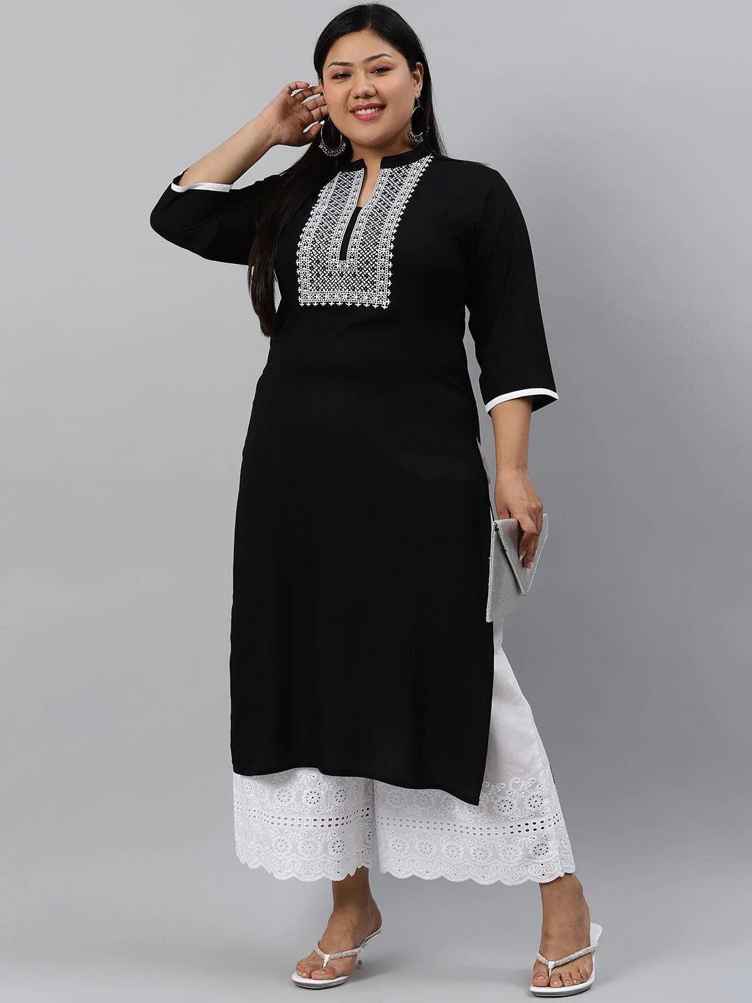 Plus Size Black Embroidered Rayon Kurta