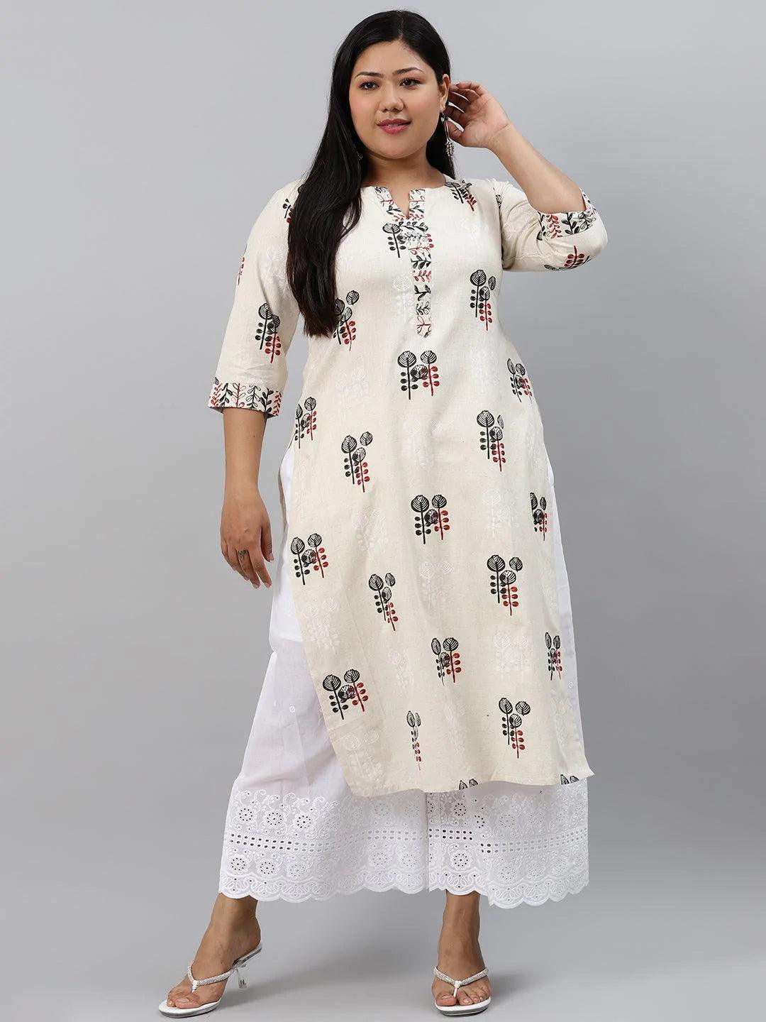 Plus Size Off-White Printed Cotton Kurta