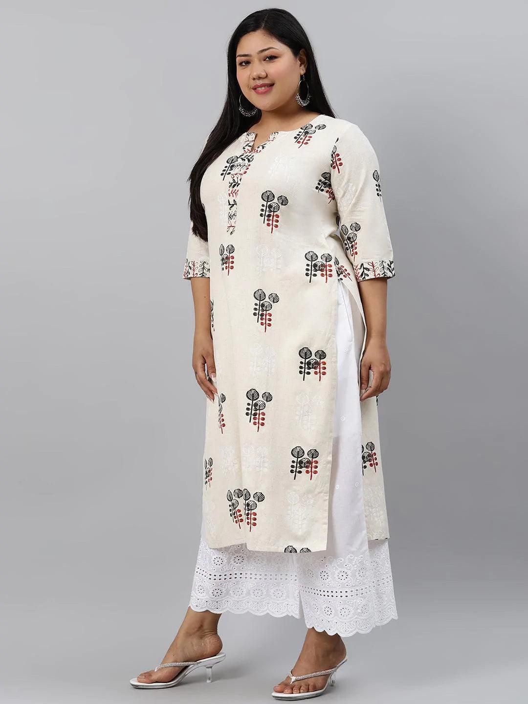 Plus Size Off-White Printed Cotton Kurta - ShopLibas