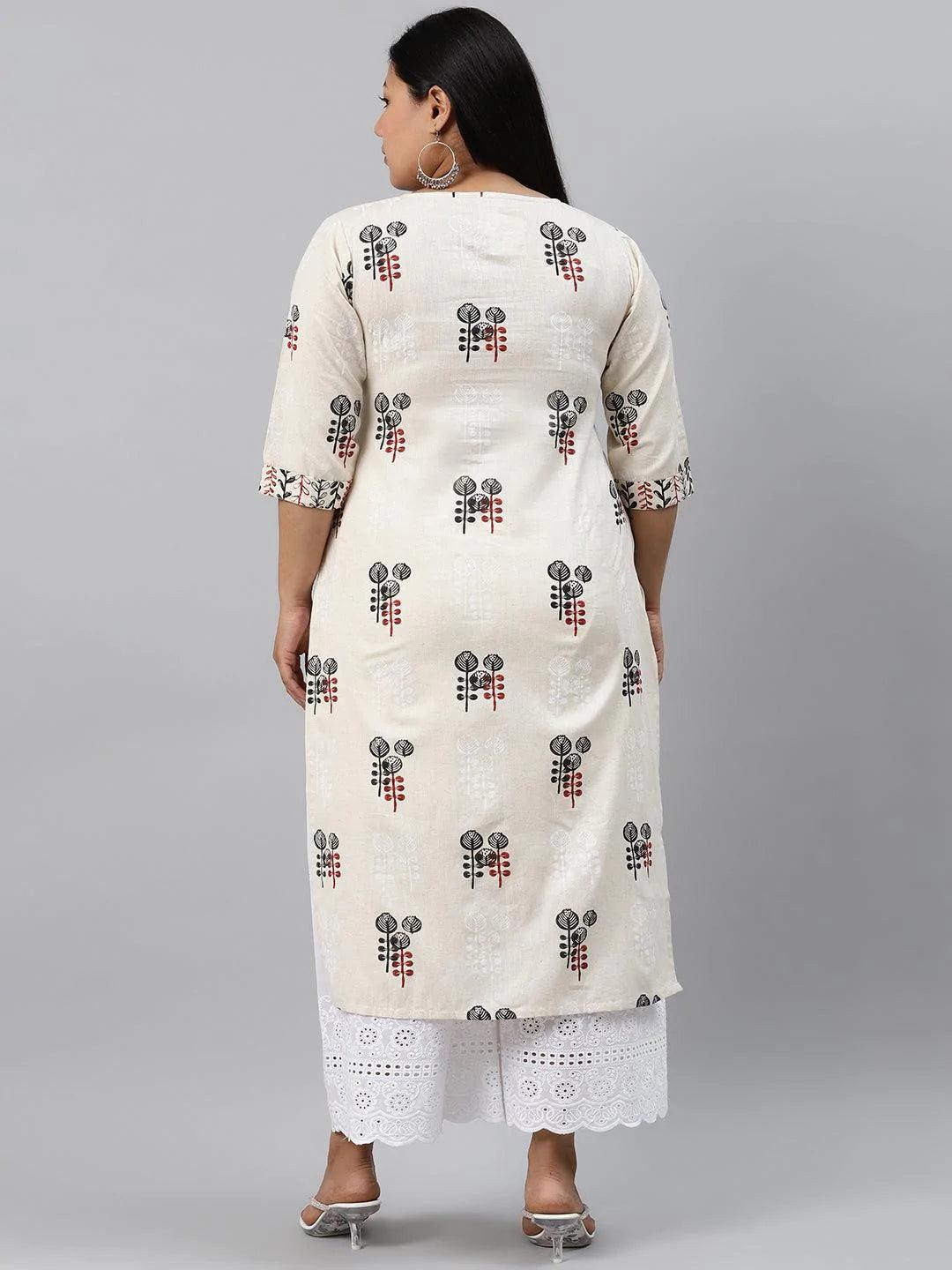 Plus Size Off-White Printed Cotton Kurta - ShopLibas