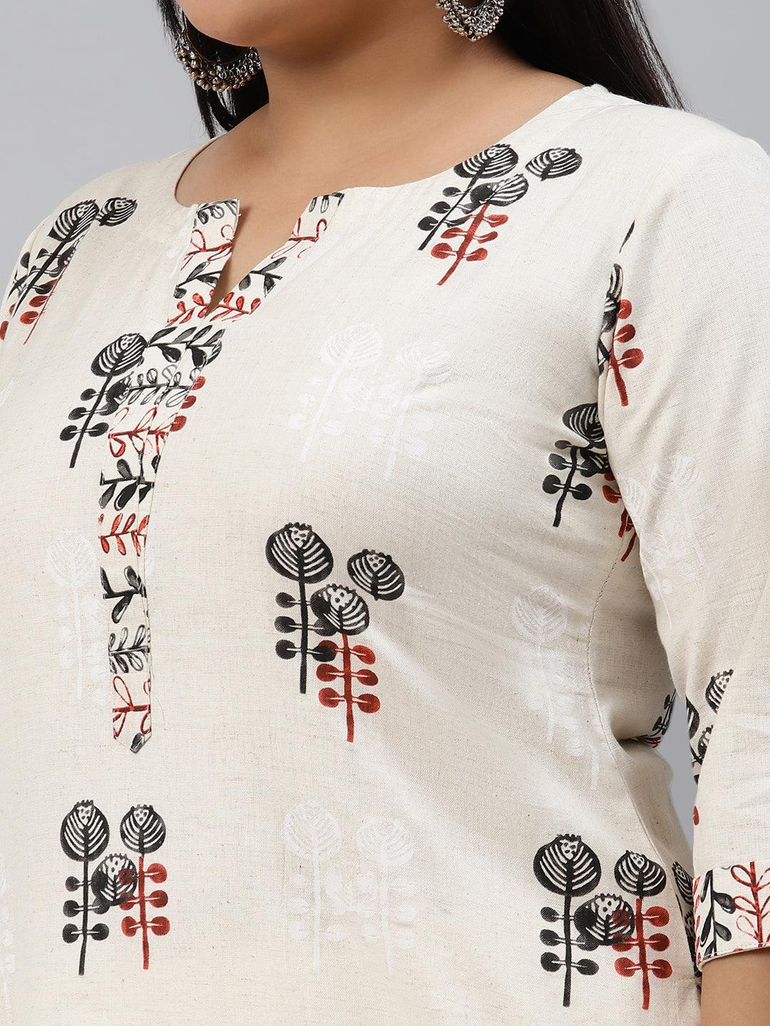 Plus Size Off-White Printed Cotton Kurta