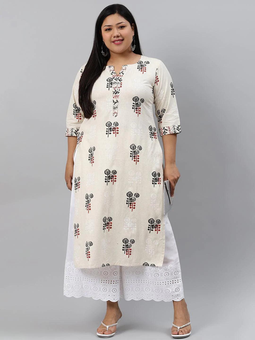 Plus Size Off-White Printed Cotton Kurta