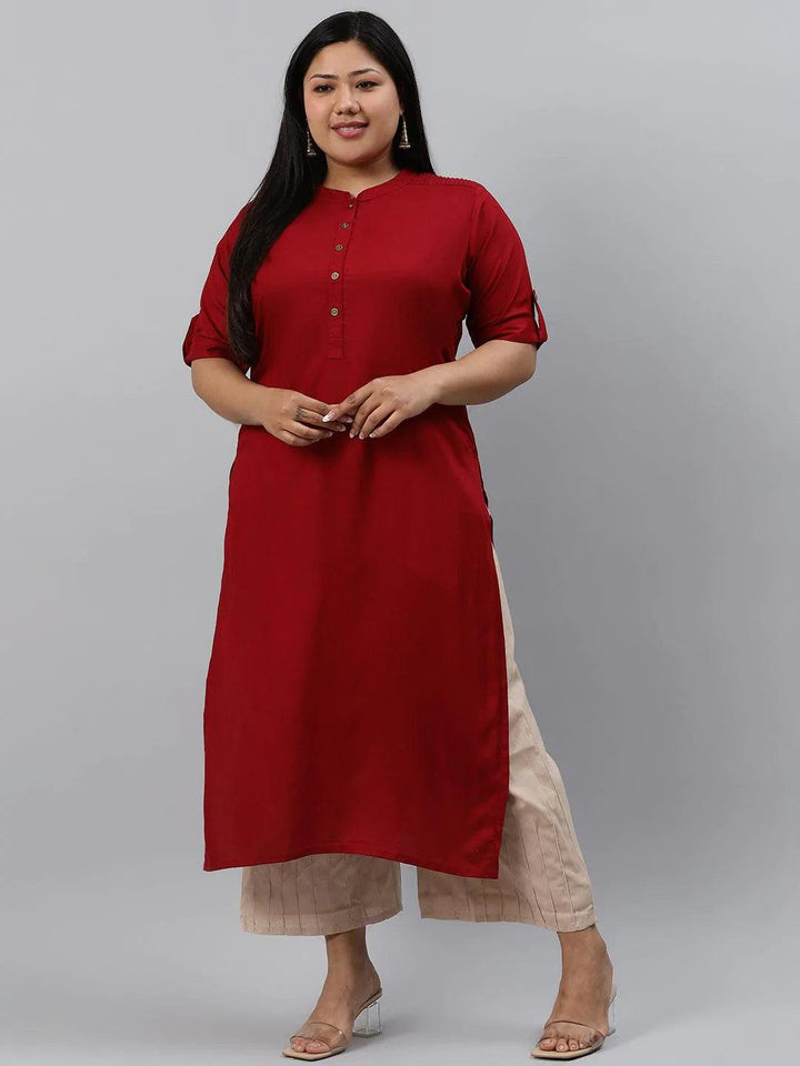 Plus Size Maroon Solid Rayon Kurta - ShopLibas