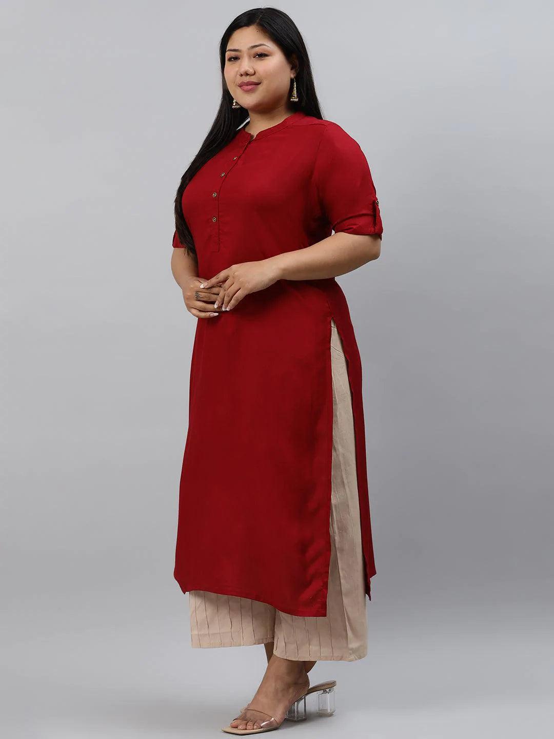 Plus Size Maroon Solid Rayon Kurta