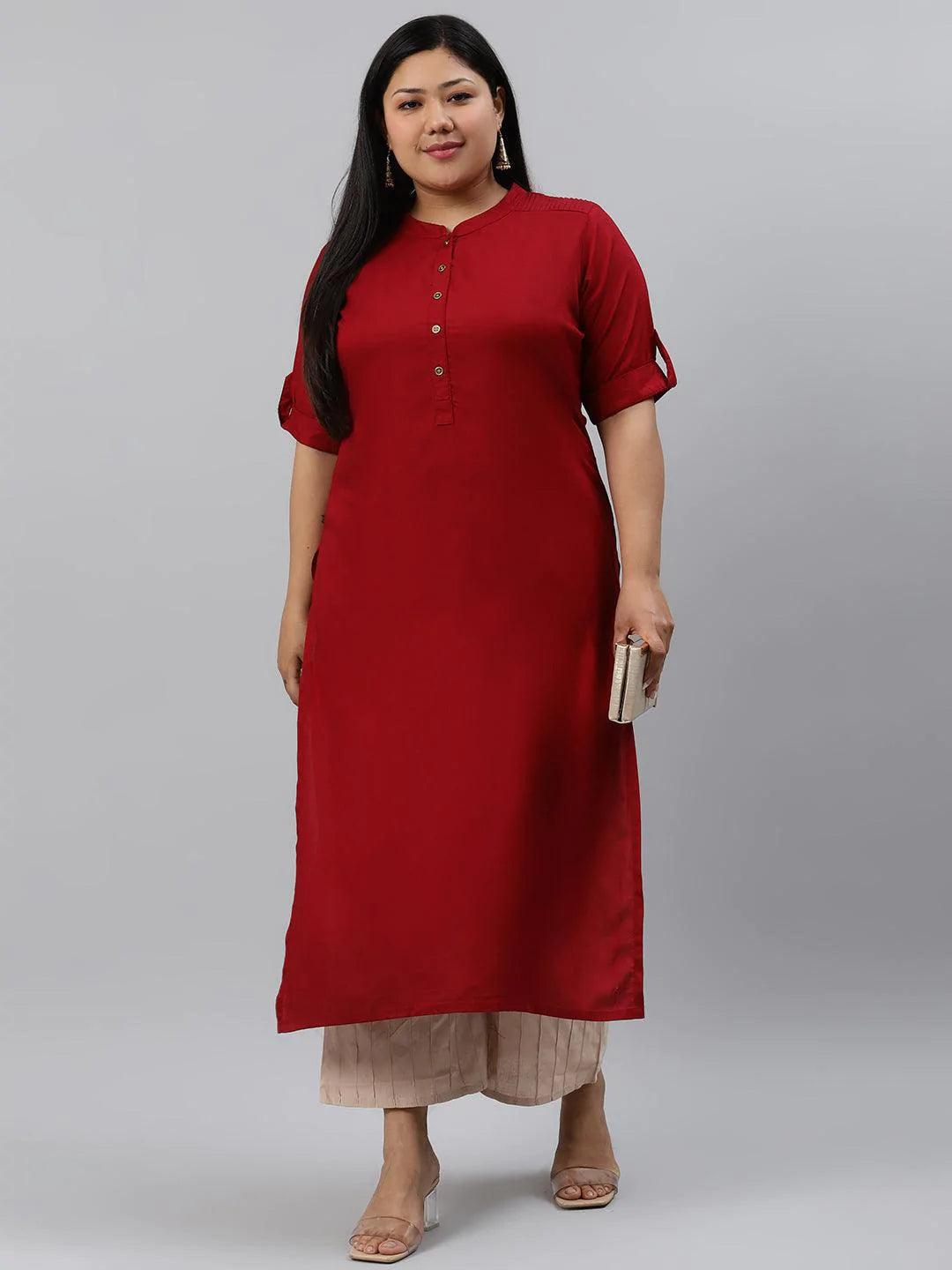 Plus Size Maroon Solid Rayon Kurta