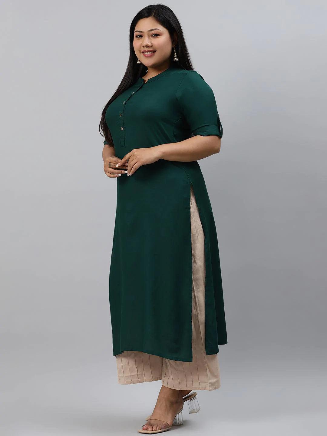 Plus Size Green Solid Rayon Kurta