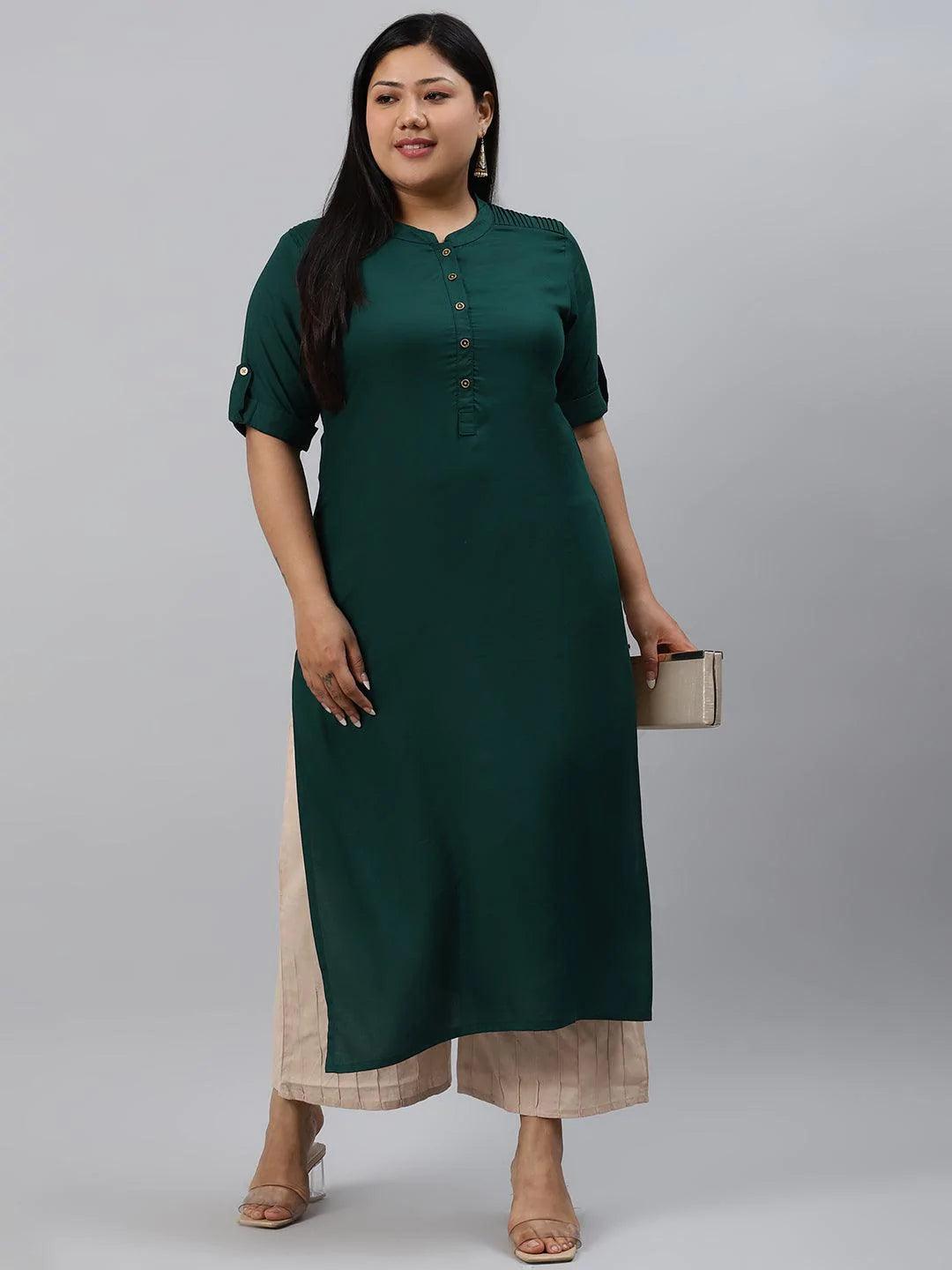 Plus Size Green Solid Rayon Kurta