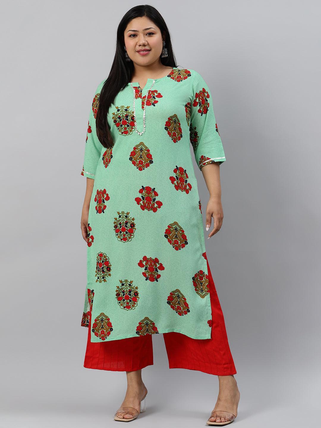 Plus Size Sea Green Printed Rayon Kurta