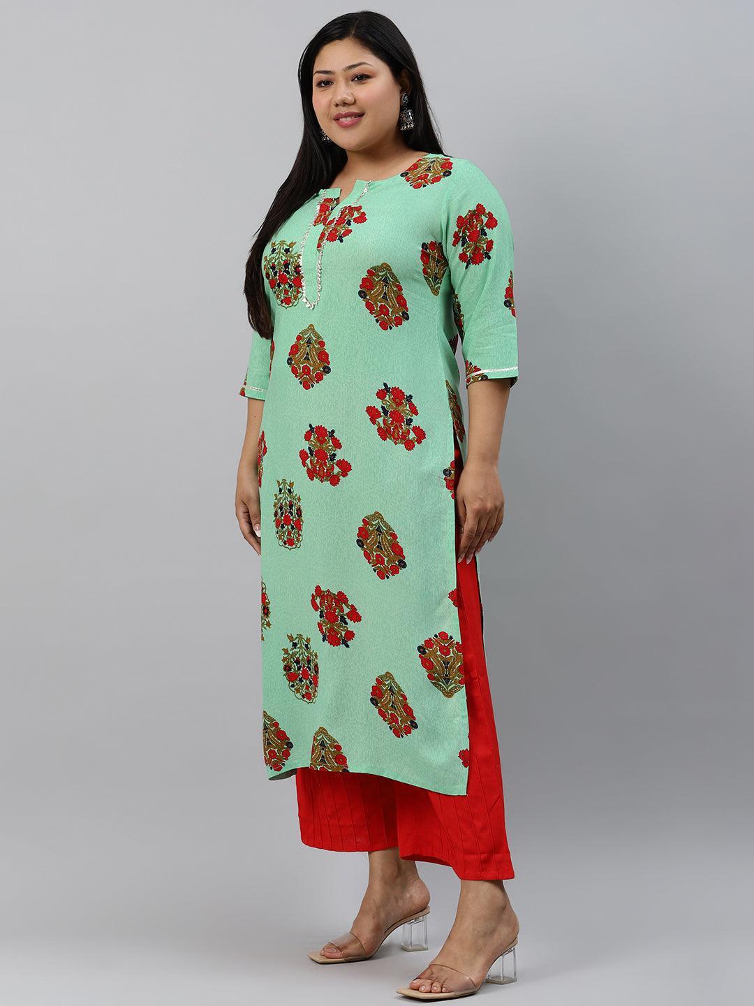 Plus Size Sea Green Printed Rayon Kurta