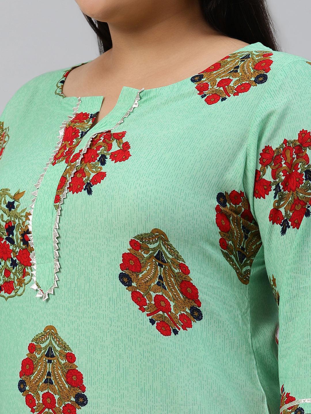 Plus Size Sea Green Printed Rayon Kurta