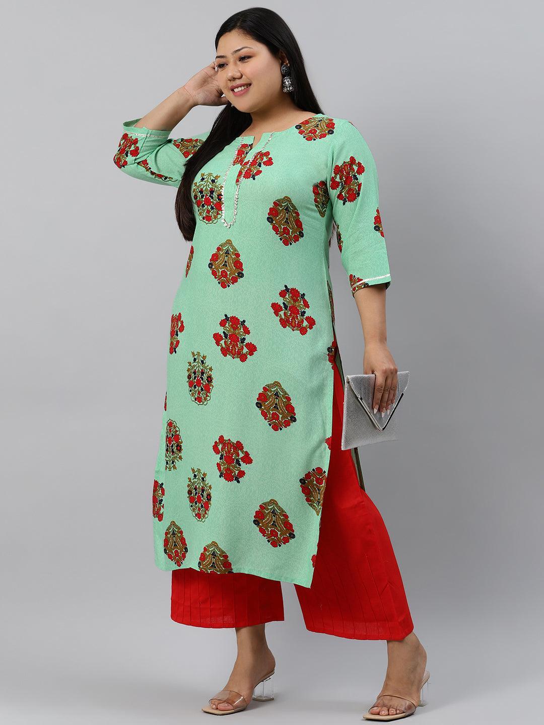 Plus Size Sea Green Printed Rayon Kurta