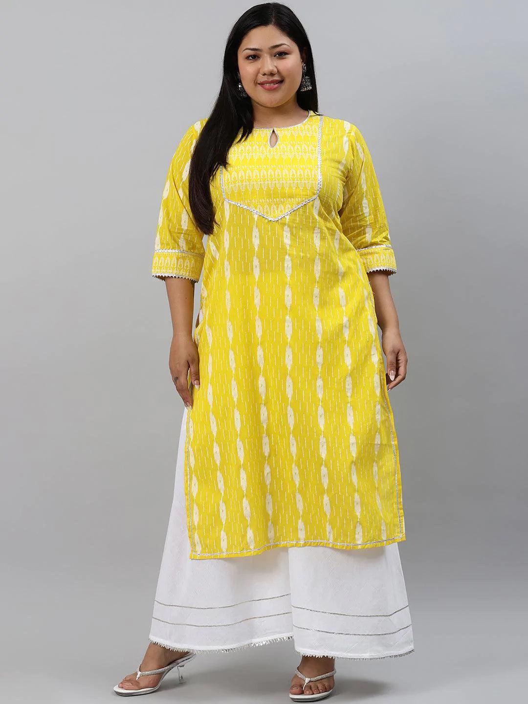 Plus Size Yellow Abstract Cotton Kurta