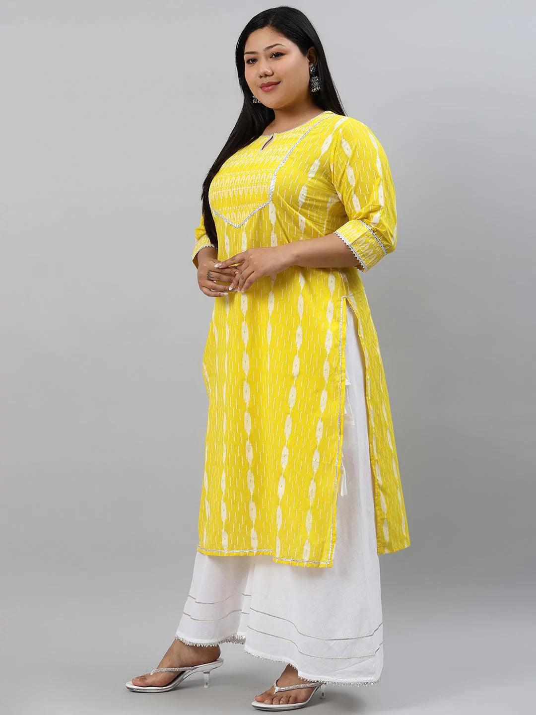 Plus Size Yellow Abstract Cotton Kurta