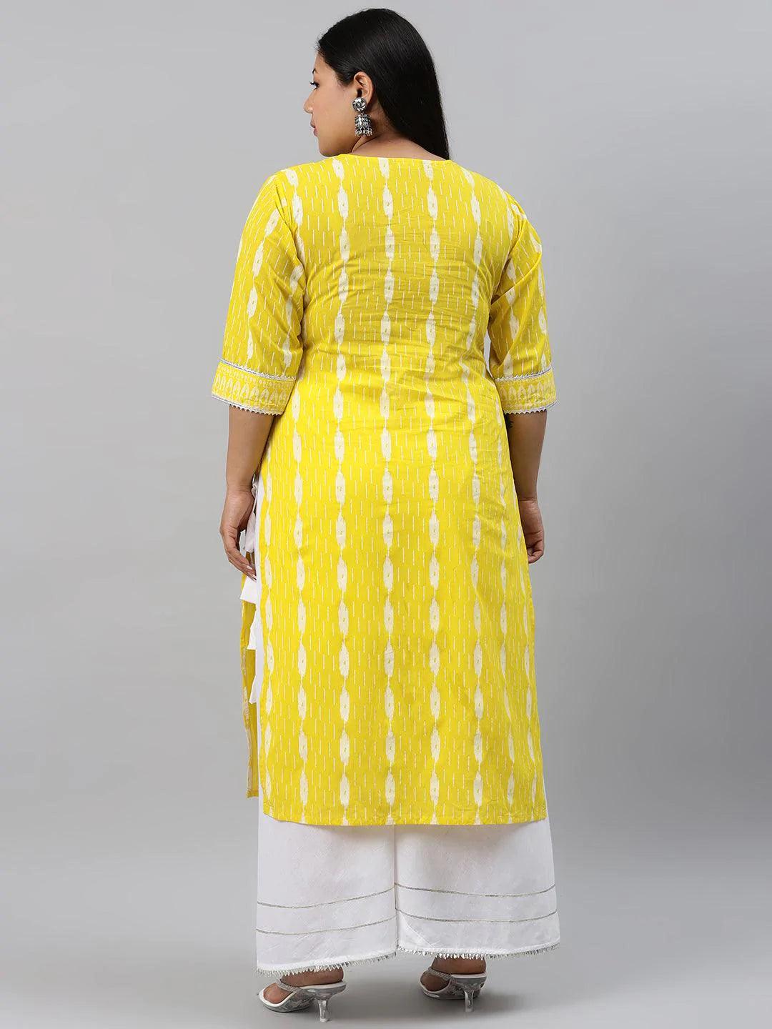 Plus Size Yellow Abstract Cotton Kurta