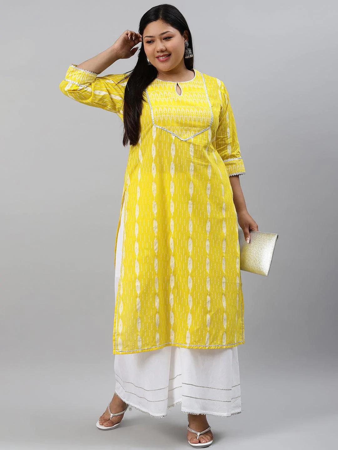 Plus Size Yellow Abstract Cotton Kurta