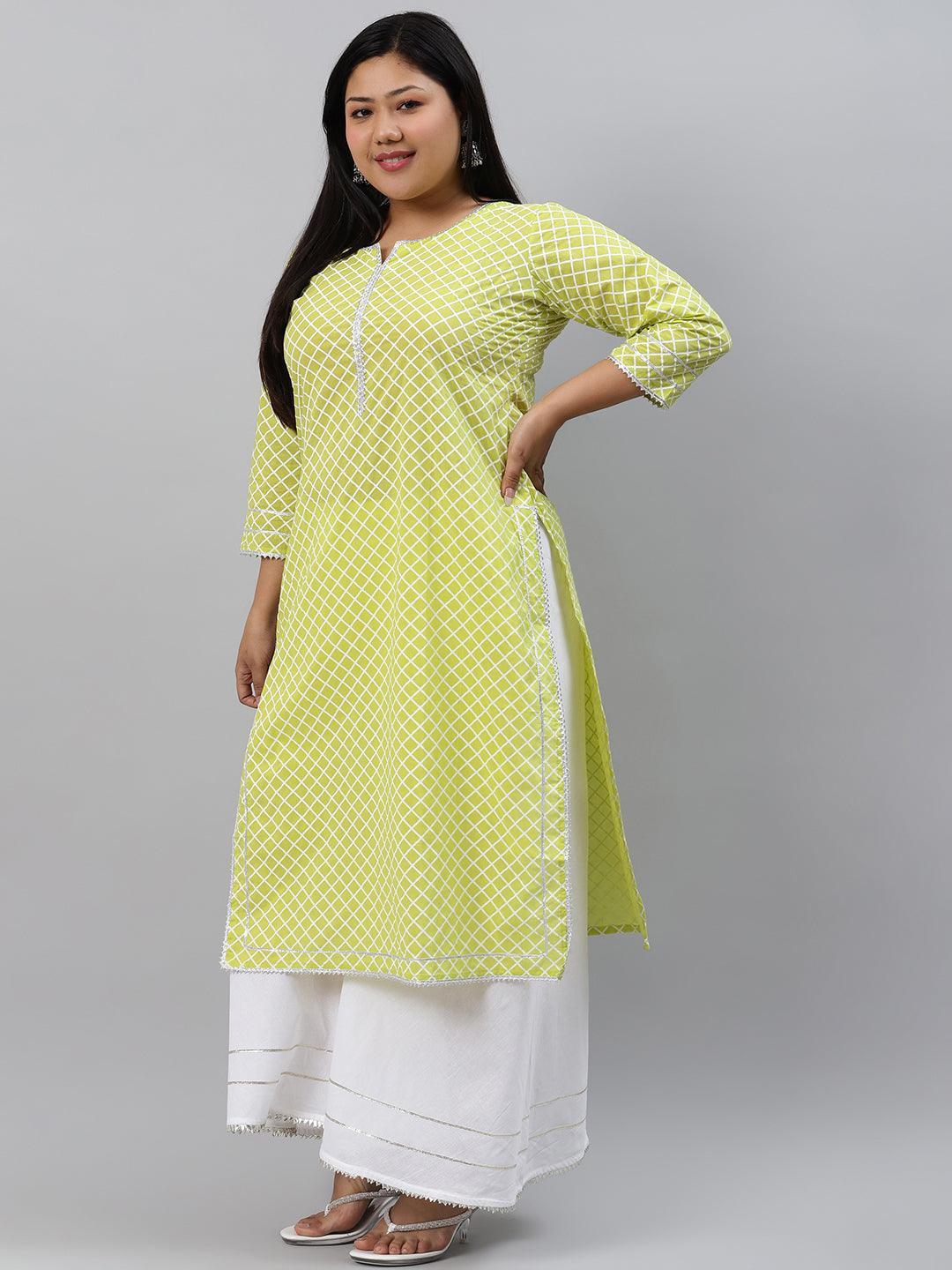 Plus Size Green Checkered Cotton Kurta - ShopLibas