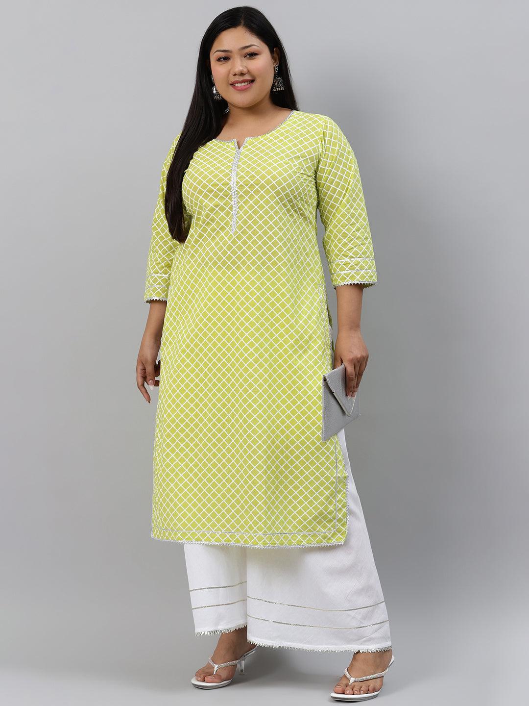 Plus Size Green Checkered Cotton Kurta