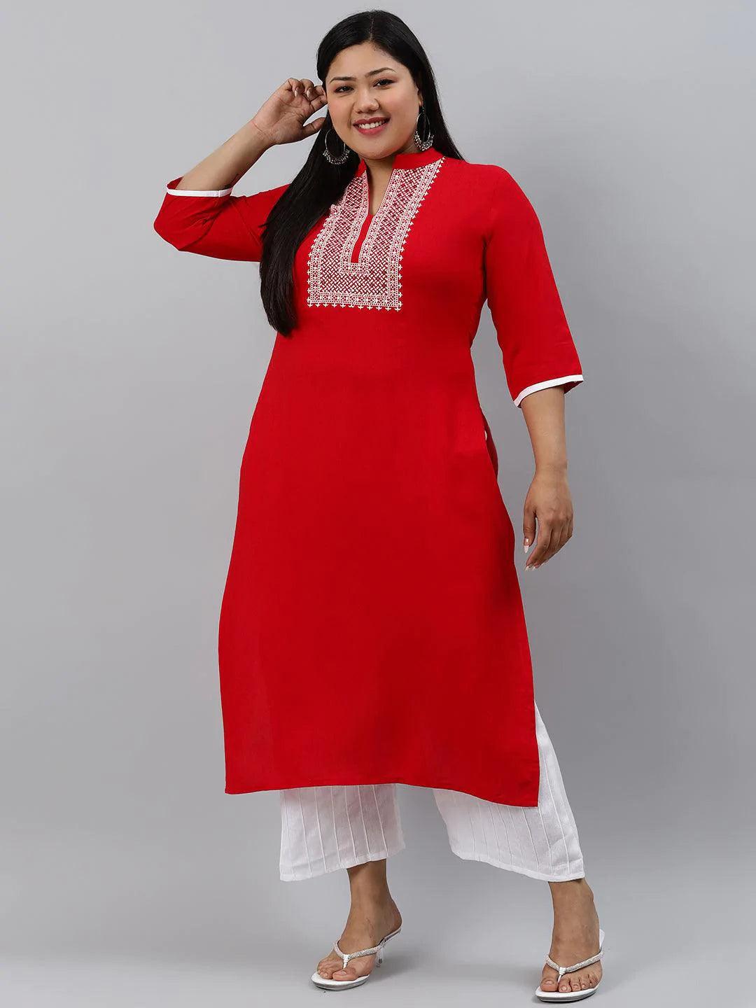 Plus Size Red Mirror Work Rayon Kurta