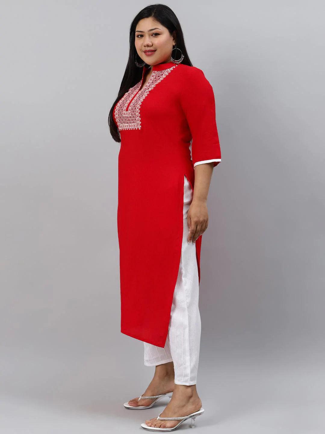 Plus Size Red Mirror Work Rayon Kurta