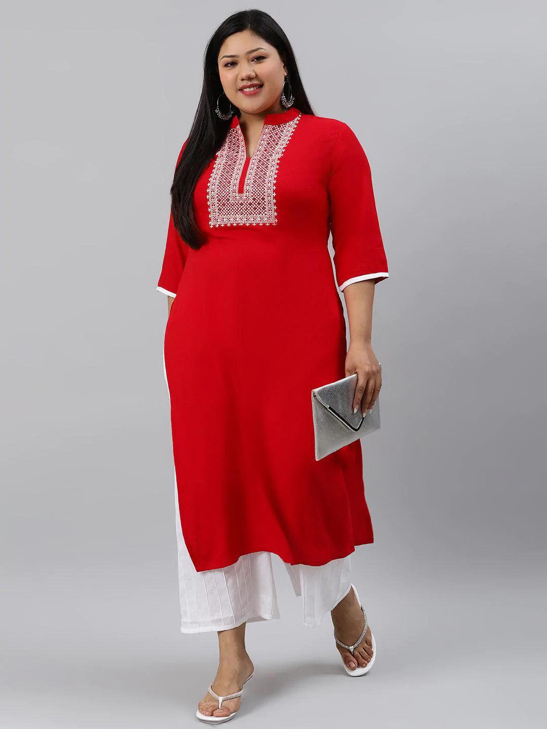 Plus Size Red Mirror Work Rayon Kurta