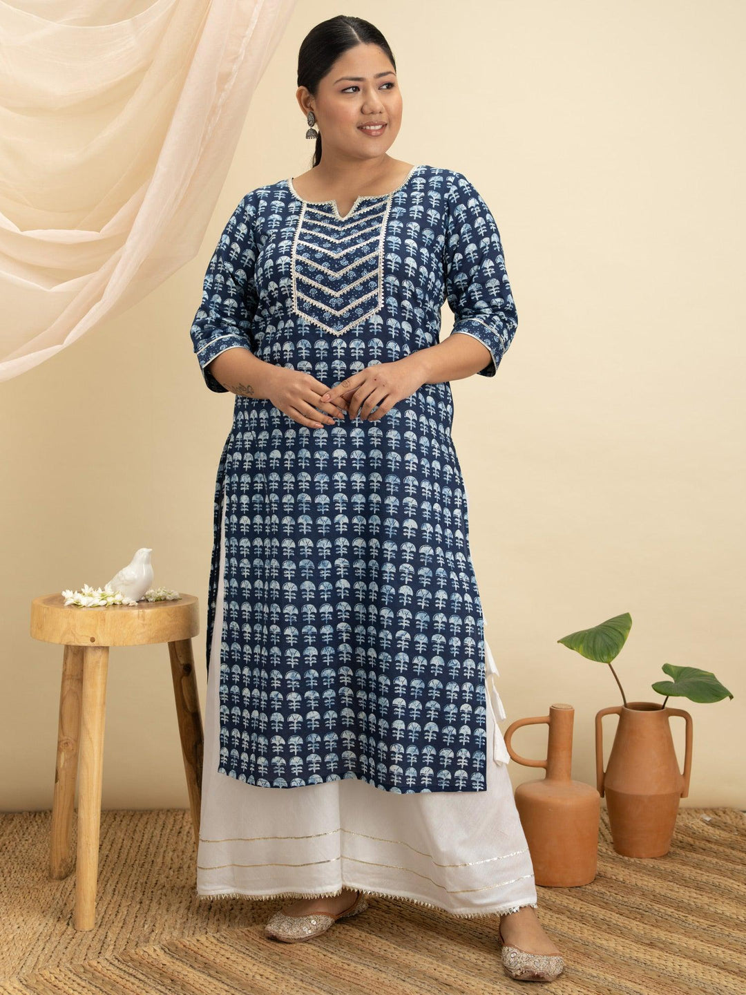 Plus Size Blue Printed Cotton Kurta - ShopLibas