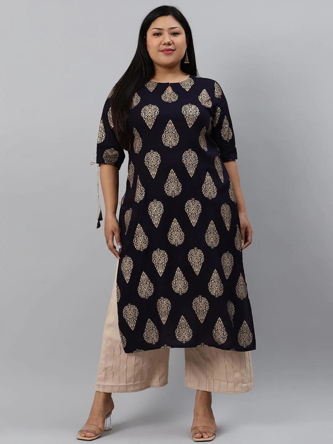 Plus Size Navy Blue Printed Rayon Kurta - ShopLibas