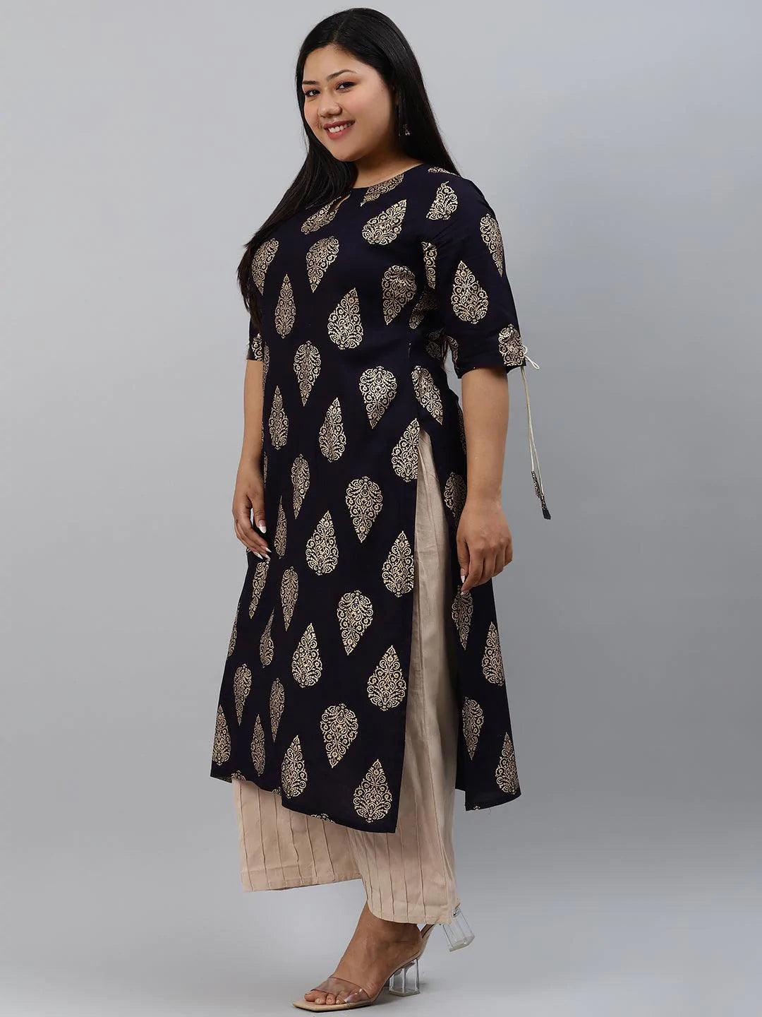 Plus Size Navy Blue Printed Rayon Kurta - ShopLibas