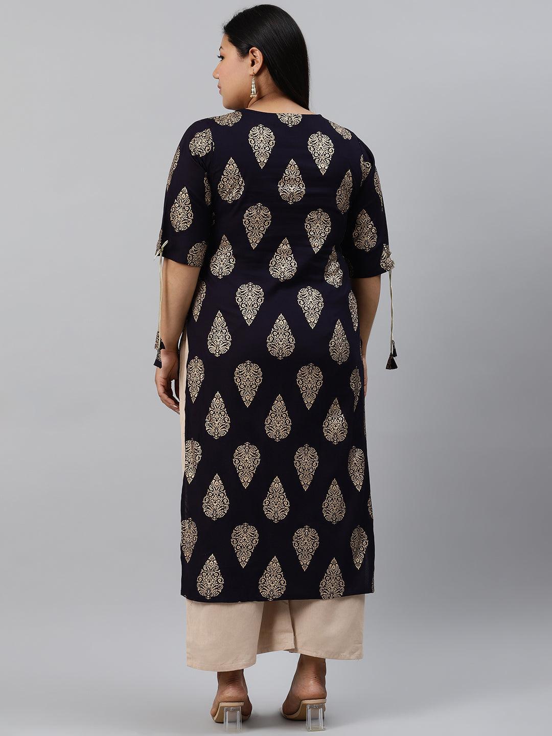 Plus Size Navy Blue Printed Rayon Kurta - ShopLibas