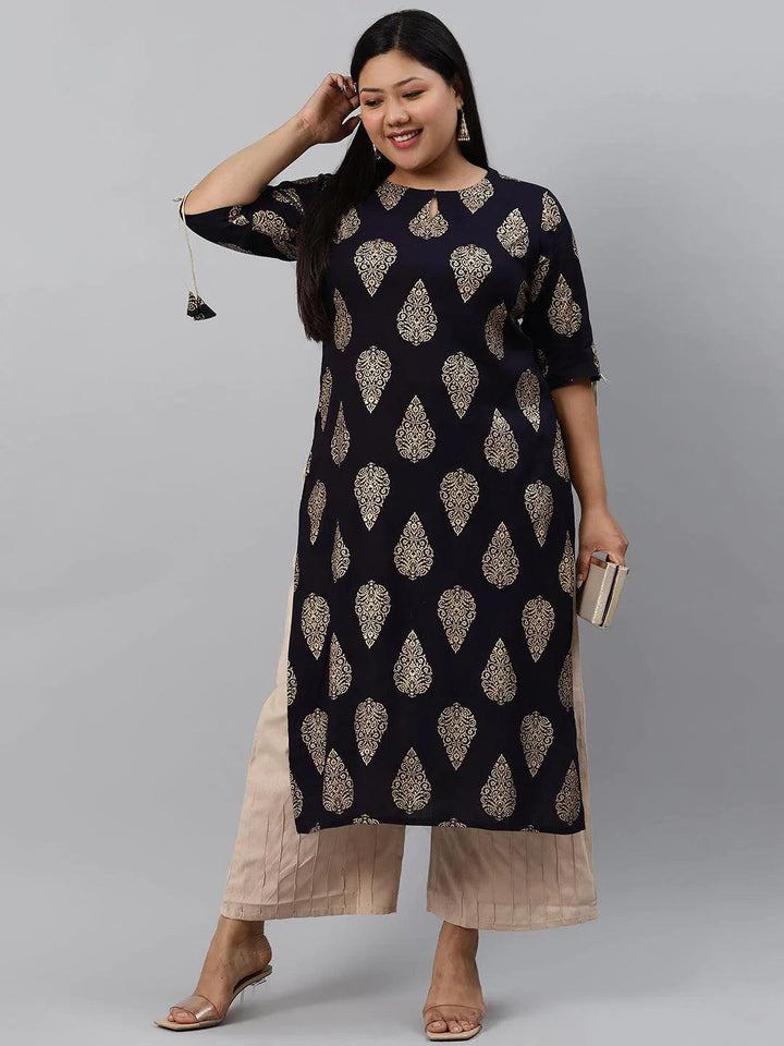 Plus Size Navy Blue Printed Rayon Kurta - ShopLibas