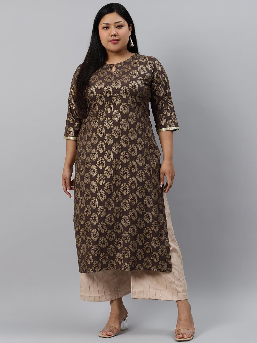 Plus Size Taupe Printed Cotton Kurta