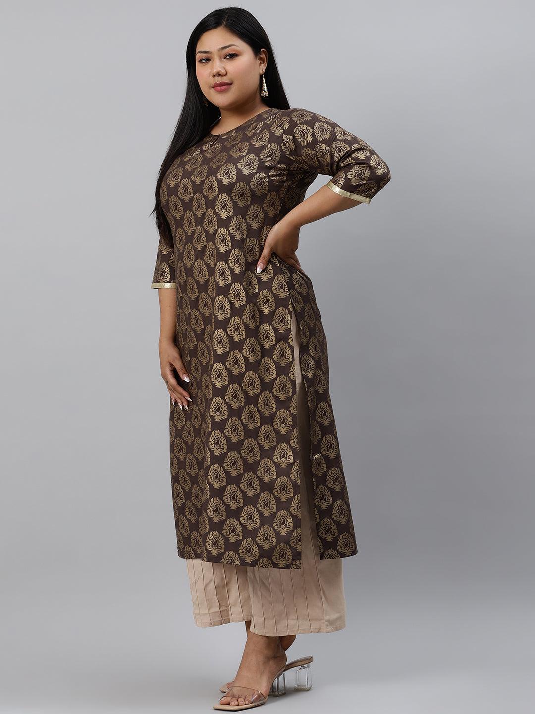 Plus Size Taupe Printed Cotton Kurta