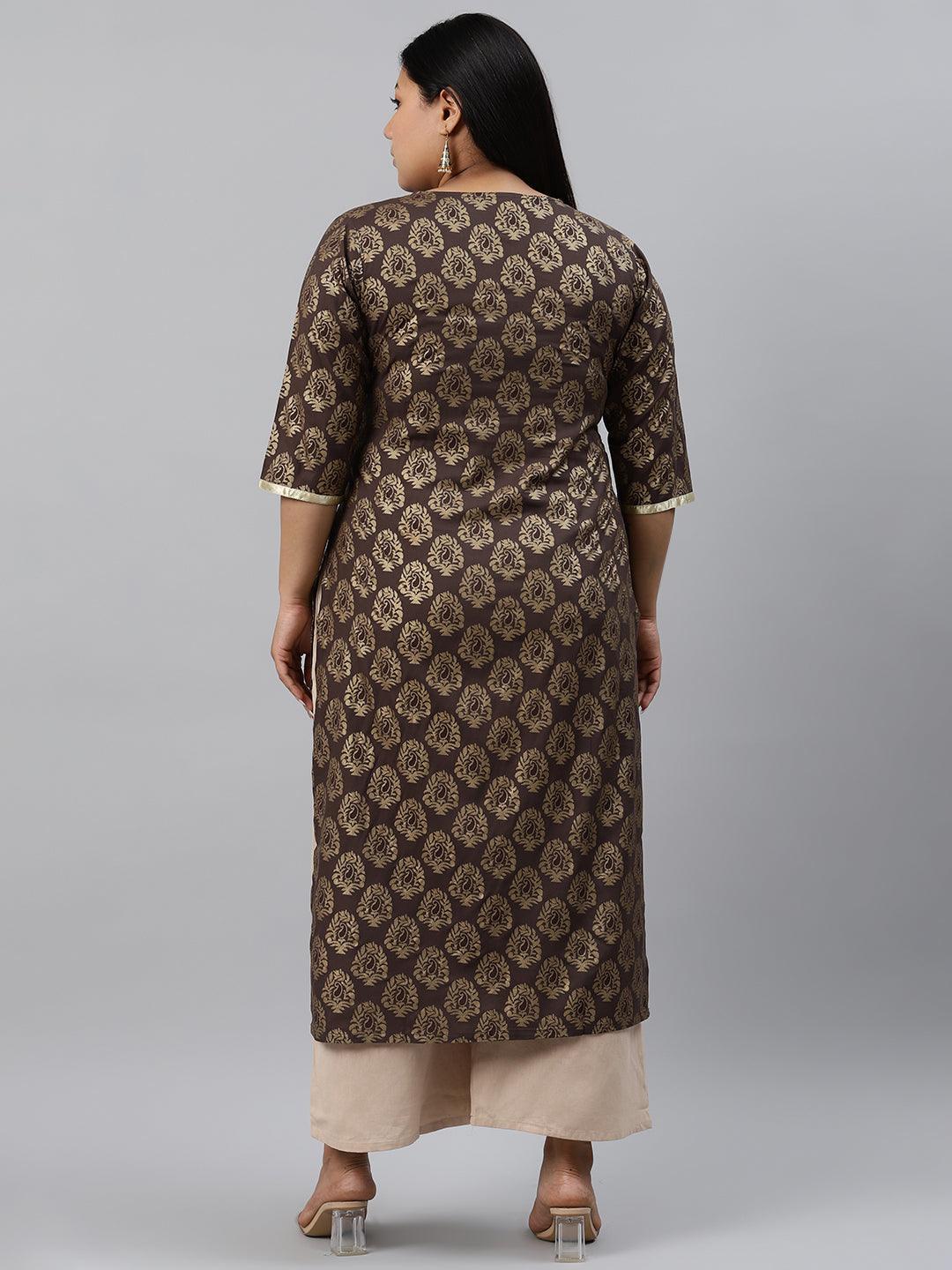 Plus Size Taupe Printed Cotton Kurta