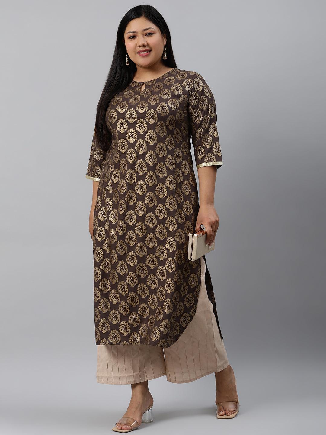 Plus Size Taupe Printed Cotton Kurta