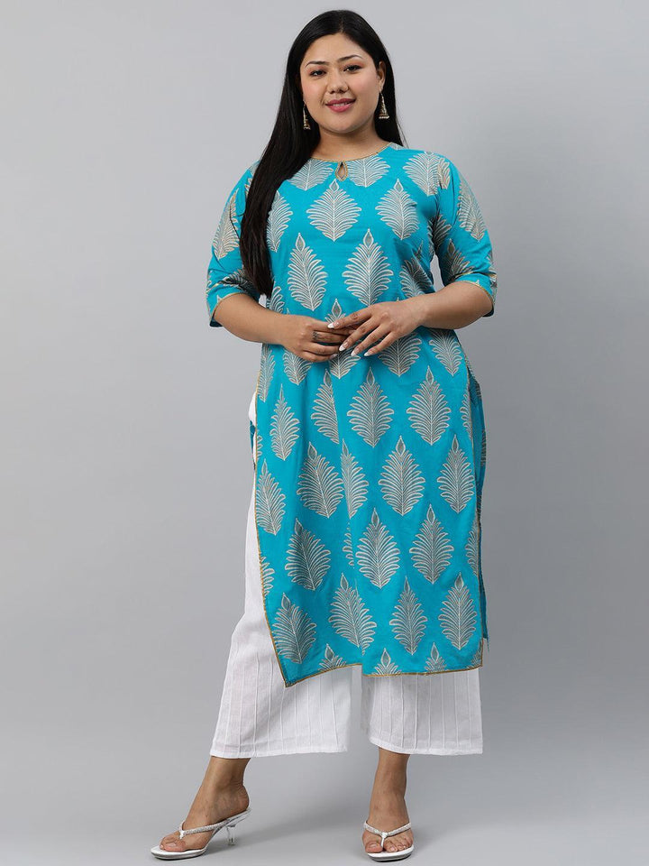 Plus Size Turtuoise Blue Printed Cotton Kurta - ShopLibas