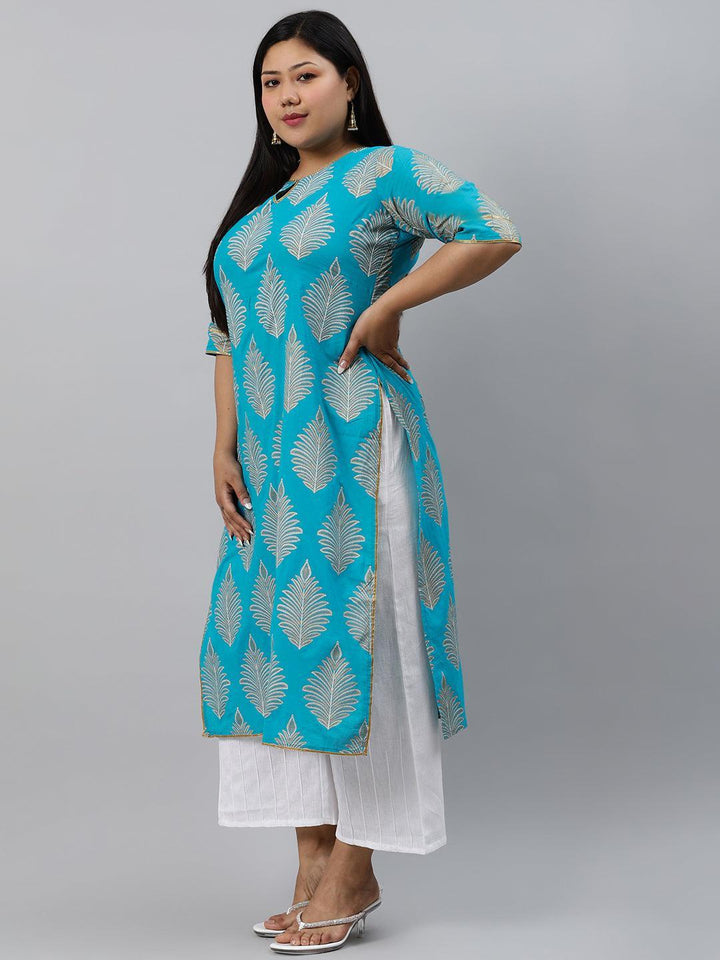 Plus Size Turtuoise Blue Printed Cotton Kurta - ShopLibas