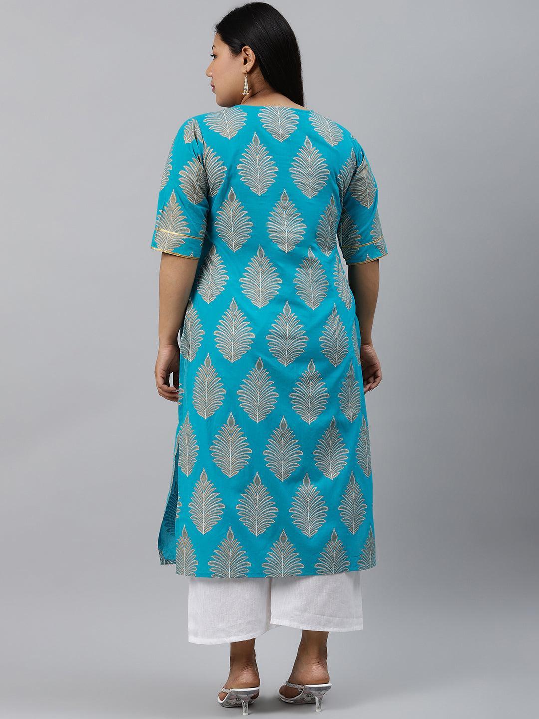 Plus Size Turtuoise Blue Printed Cotton Kurta - ShopLibas