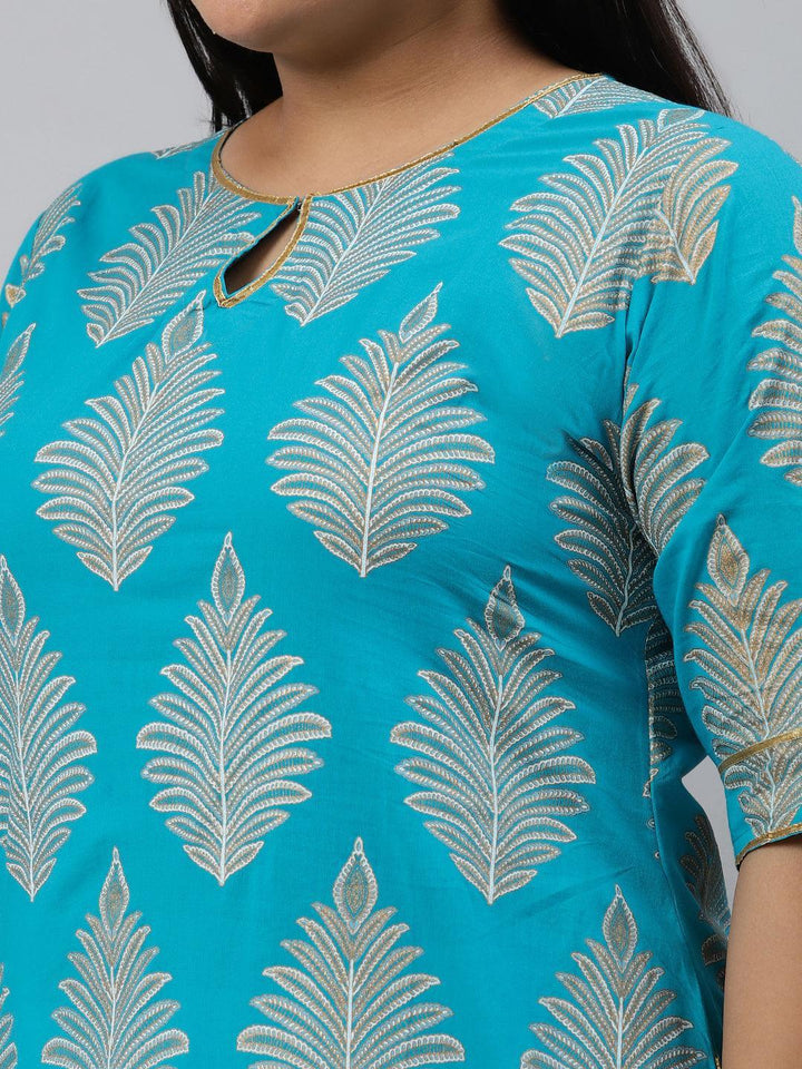 Plus Size Turtuoise Blue Printed Cotton Kurta - ShopLibas