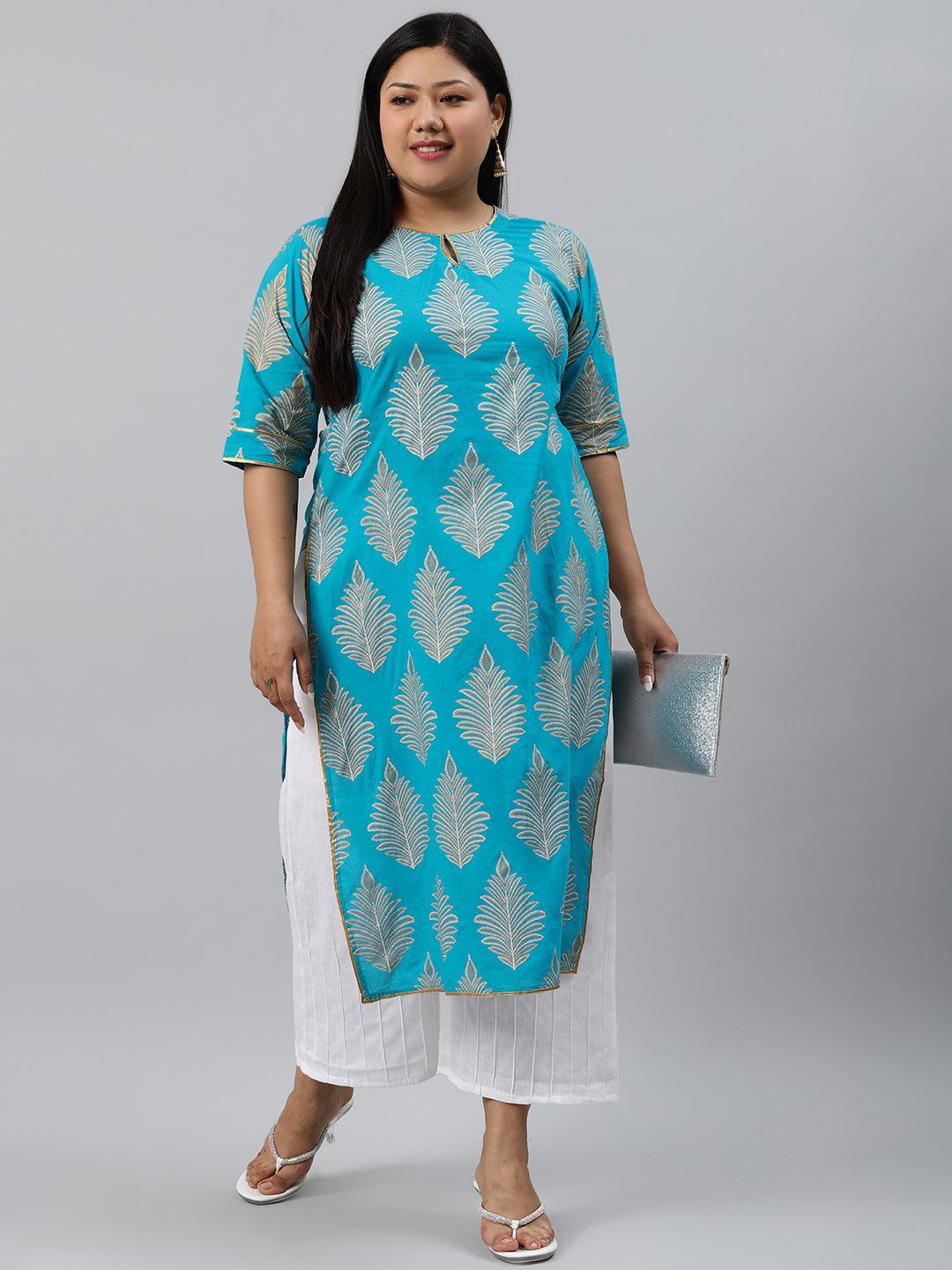 Plus Size Turtuoise Blue Printed Cotton Kurta