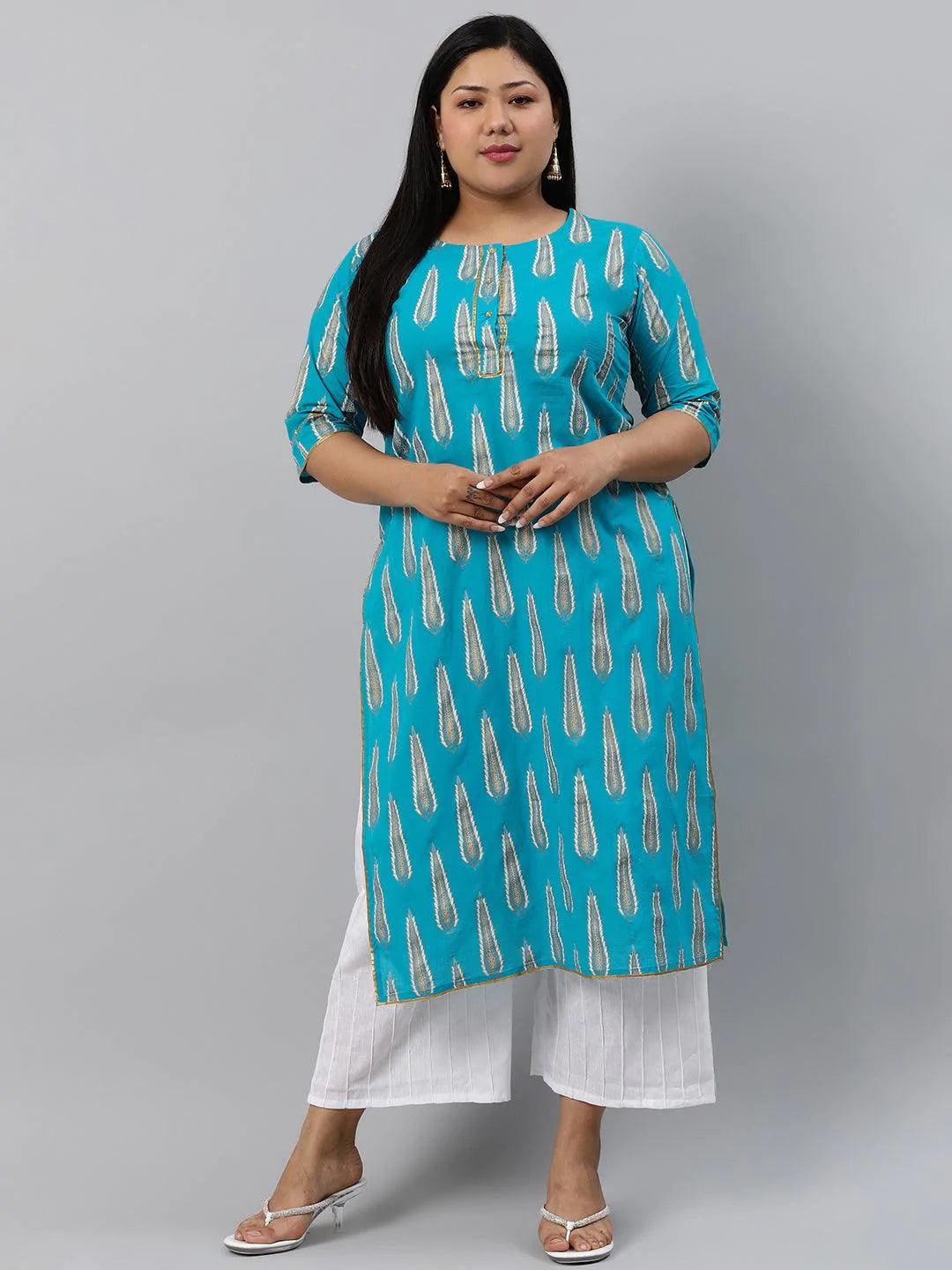 Plus Size Blue Printed Cotton Kurta - ShopLibas