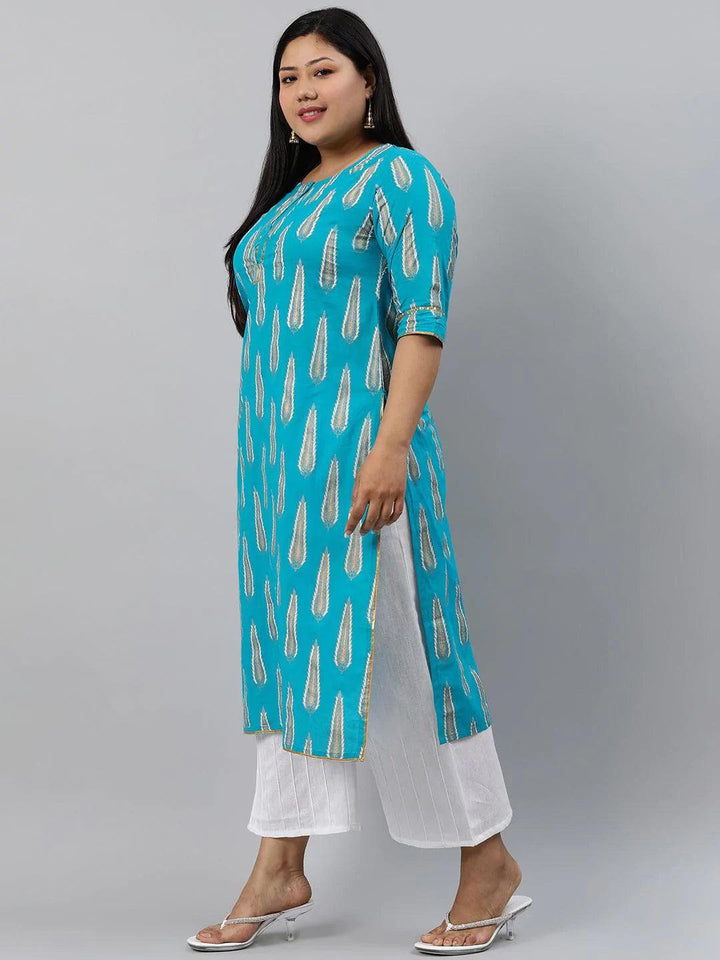 Plus Size Blue Printed Cotton Kurta - ShopLibas