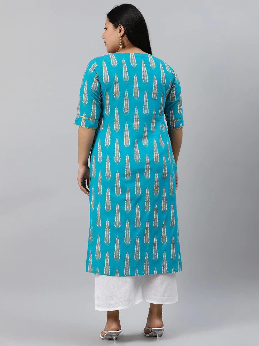 Plus Size Blue Printed Cotton Kurta