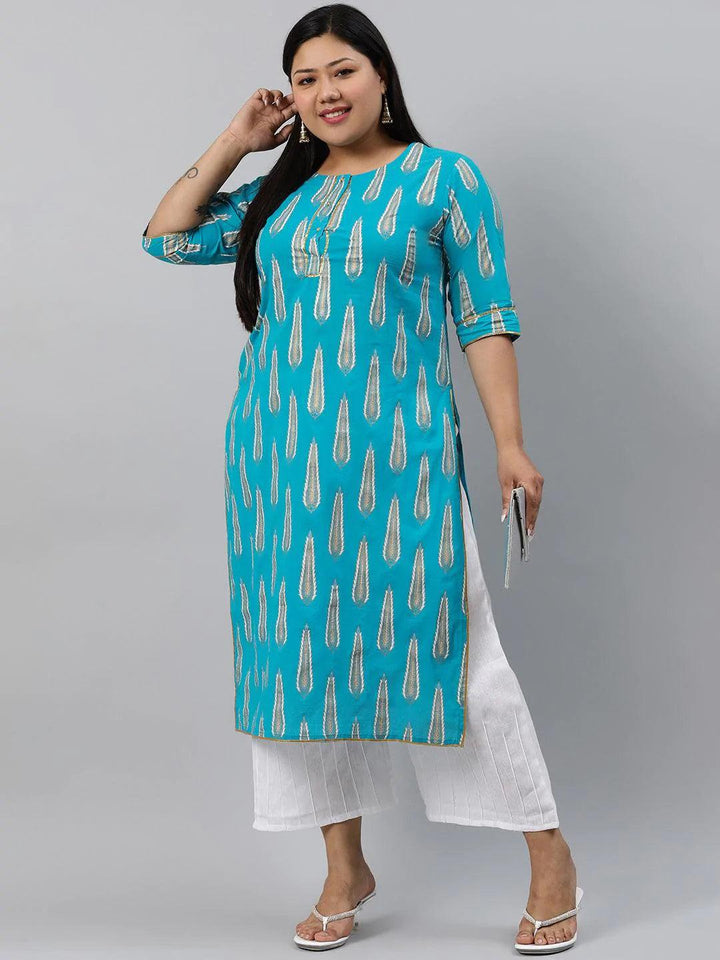 Plus Size Blue Printed Cotton Kurta - ShopLibas