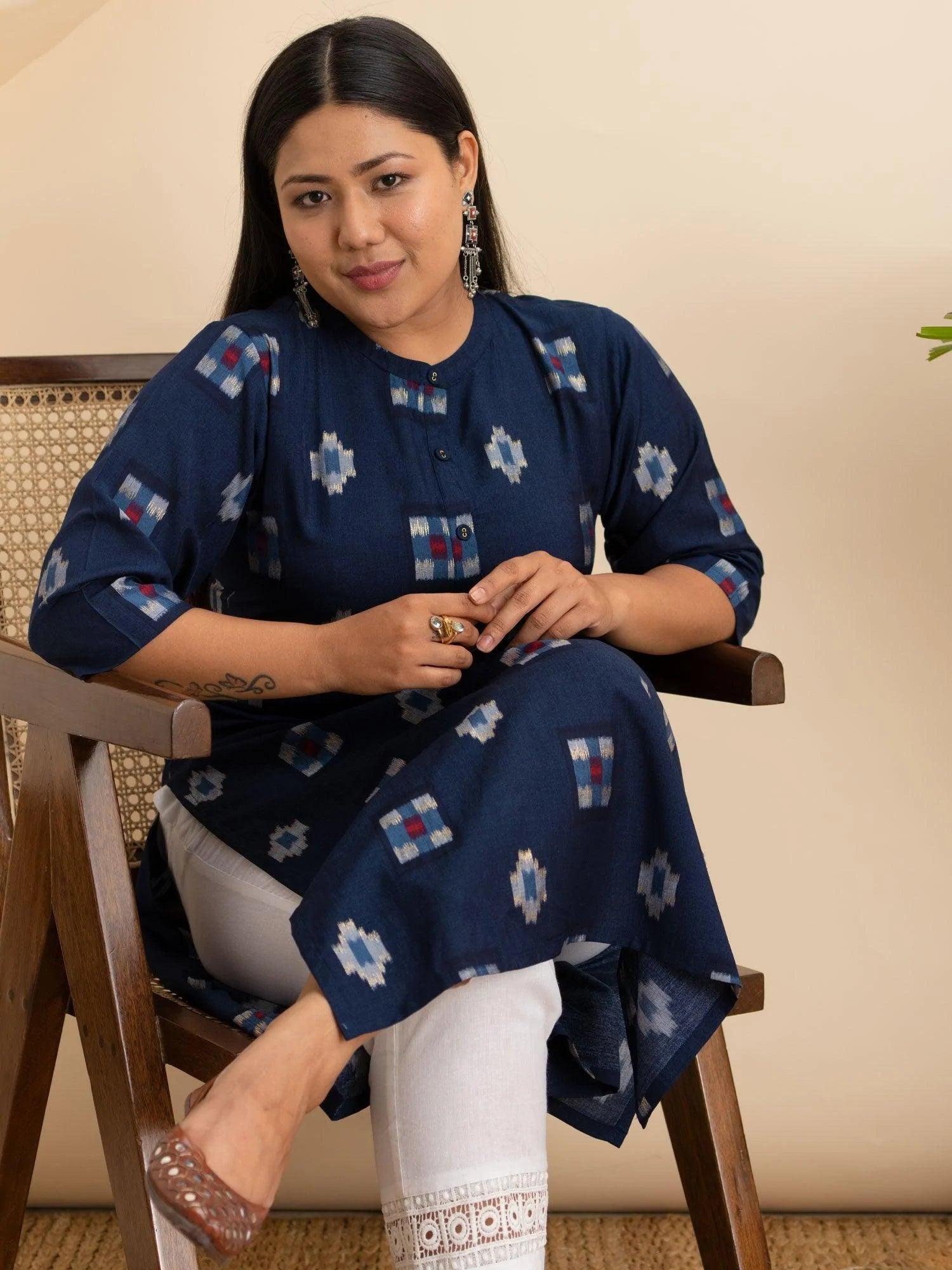 Plus Size Blue Printed Rayon Kurta