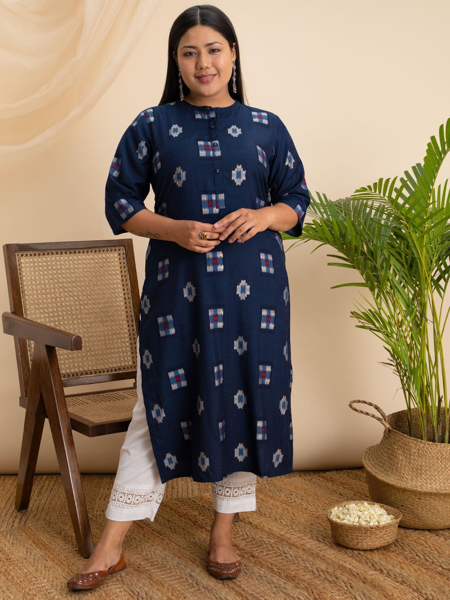 Plus Size Blue Printed Rayon Kurta