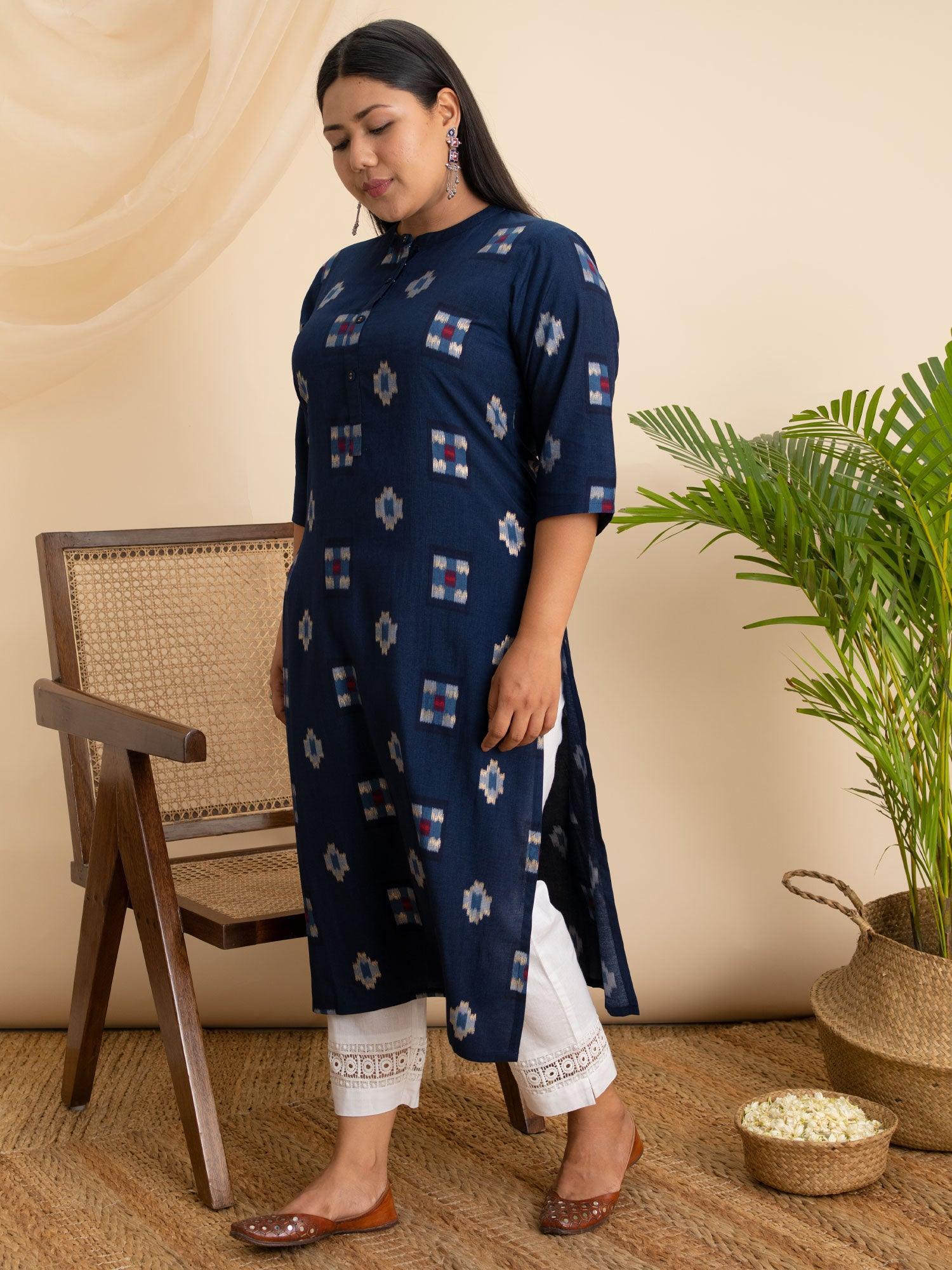 Plus Size Blue Printed Rayon Kurta