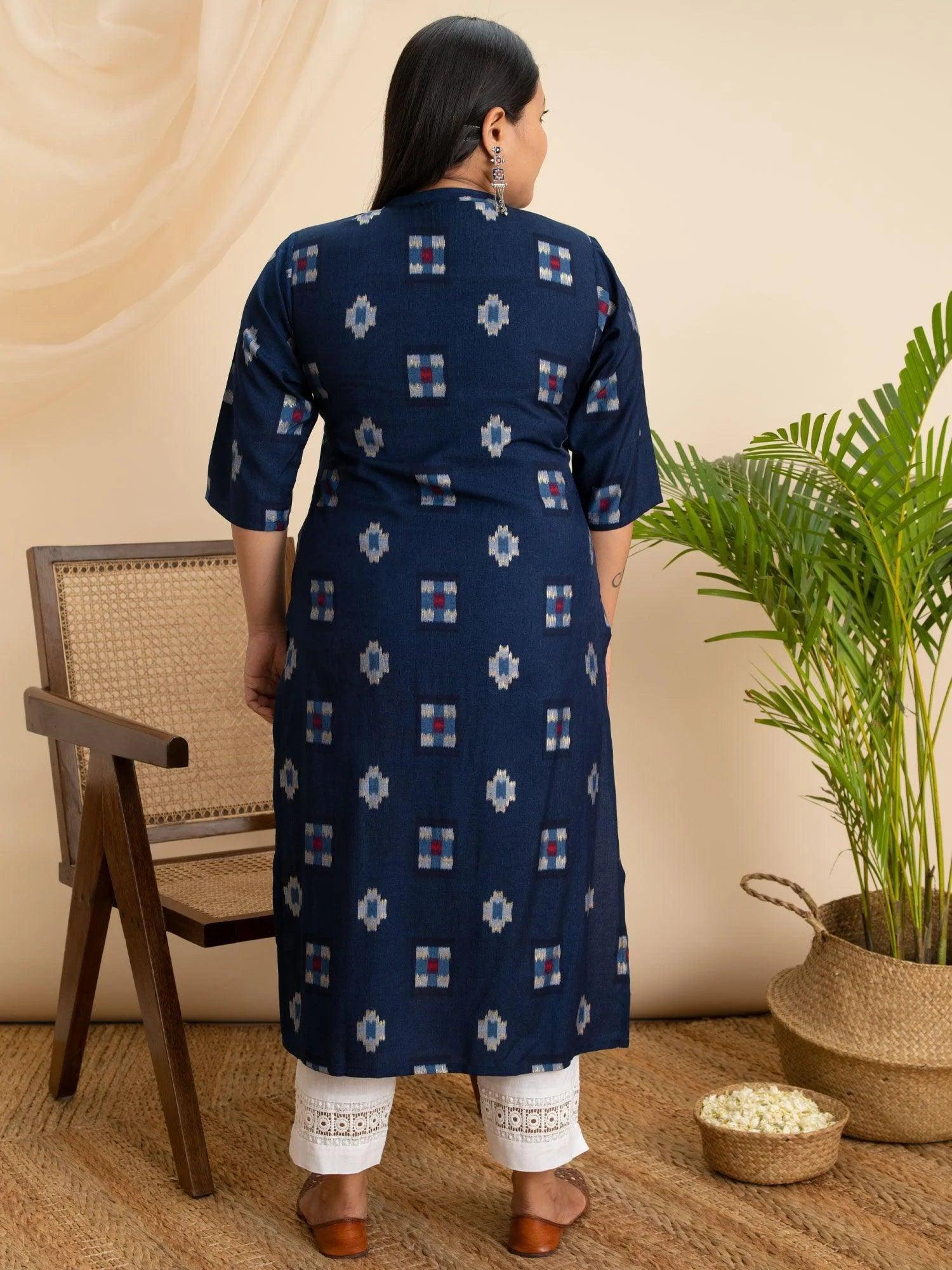 Plus Size Blue Printed Rayon Kurta