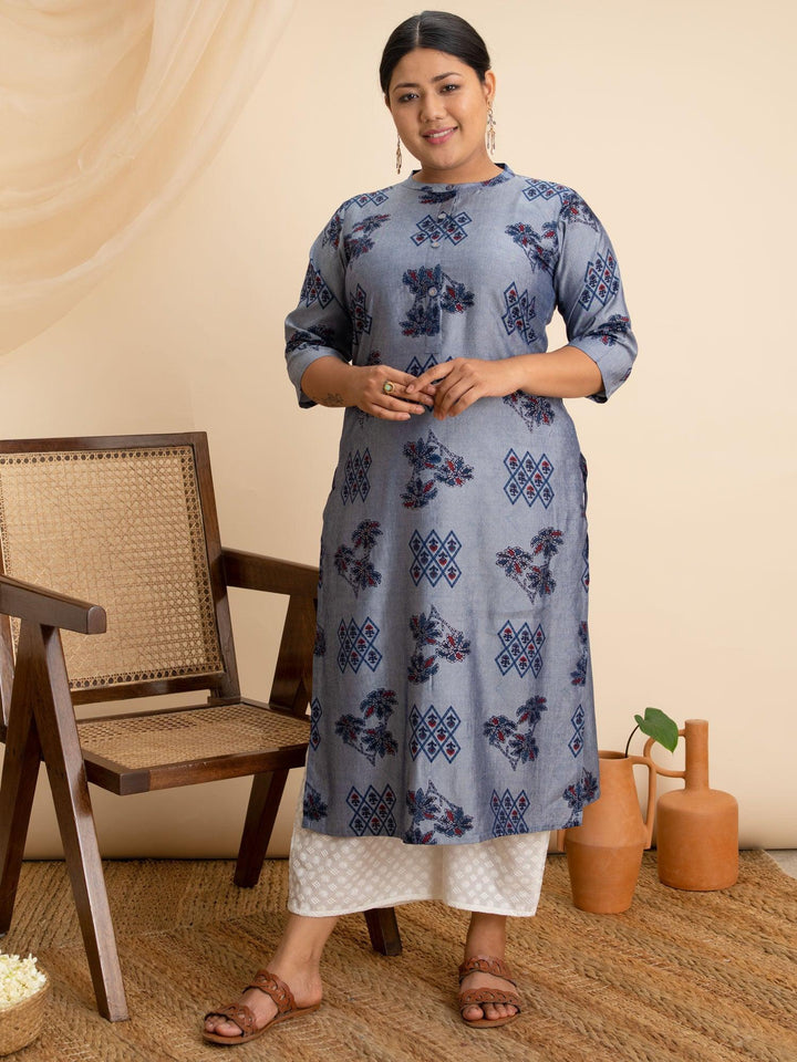 Plus Size Blue Printed Rayon Kurta - ShopLibas