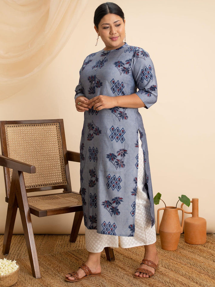 Plus Size Blue Printed Rayon Kurta - ShopLibas